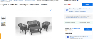 Conjunto de Jardín Mesa + 2 Sillas y un Sillón, Veranda por 99€