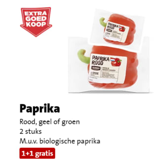 Paprika Rood, geel of groen 1 + 1 gratis bij de Jumbo
