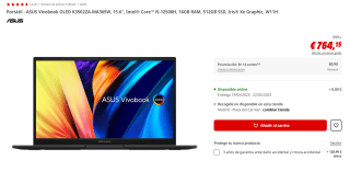 Ordenador Portátil - ASUS Vivobook OLED K3502ZA-MA365W, 15.6", Intel® Core™ i5-12500H, 16GB RAM, 512GB SSD, Iris® Xe Graphic, W11H por 764.15€