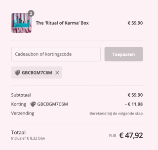The ‘Ritual of Karma’ Box voor 29,99 euro ( 2 stuks voor 47,92 euro met nieuwsbriefkorting )