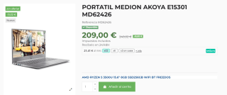 Portátil Medion Akoya E15301 AMD Ryzen 5 3500U por 209€ y el de 512GB por 229€