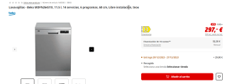 Lavavajillas Beko MDFN26431X, 11.5 l, 14 servicios, 6 programas por 287€