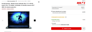 Portátil gaming Medion Erazer Defender P50, 17.3" Full-HD, Intel Core i5-12450H, 16 GB RAM, 512 GB SSD, GeForce RTX 4060 por 660,33€