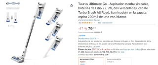 Taurus Ultimate Go - Aspirador escoba sin cable, baterías de Litio 22, 2V, dos velocidades, cepillo Turbo Brush All Road por 79.2€