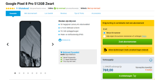 Google Pixel 8 Pro, 512GB opslag Zwart voor €769 bij belsimpel