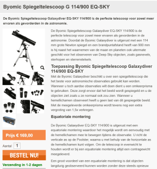 Byomic Spiegeltelescoop G 114/900 EQ-SKY telescoop voor €169 bij Saake