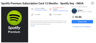 Spotify Premium Suscripción de 12 Meses Tarjeta India por $424 en G2A
