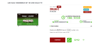 Haier Direct LED 4K UHD H55K800UX - Smart TV 55", Google TV, Dolby Audio y Dolby Vision por 279€