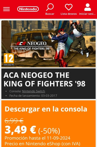 Aca Neogeo the King of fighters'98 Nintendo Switch por 3,49€.