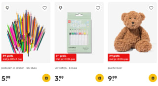 2+1 gratis op knuffels, knutsel- en kleurspullen bij HEMA