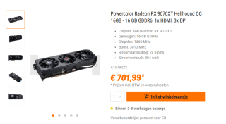 PowerColor HELLHOUND AMD Radeon RX 9070 XT 16GB Videokaart voor €701,26 bij NBB