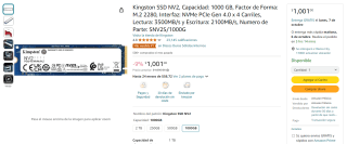 Kingston SSD NV2 1TB por $876 en Amazon en efectivo