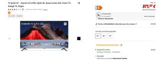 Nueva TV QLED 55" Xiaomi 55 A PRO, QLED 4K, Quad cortex A55 por 371,07€