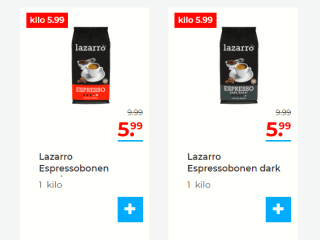 Lazarro espressobonen 1 KG voor €5,99 bij Hoogvliet