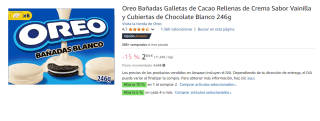 6 Paquetes de Galletas de chocolate rellenas de crema bañadas en chocolate blanco Oreo 246 g. por 9.86€