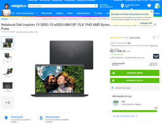 Notebook da Dell, modelo Inspiron 15 com AMD Ryzen 5 - R$ 2.708,10