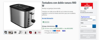 Tostadora con doble ranura 980W por 17,99€