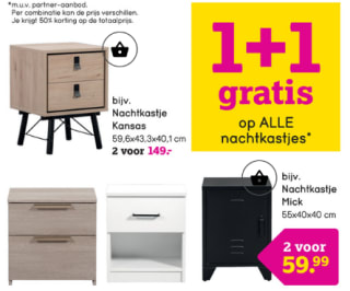 1+1 gratis op beddengoed en nachtkastjes