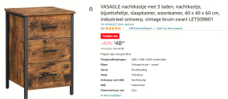 VASAGLE nachtkastje/bijzettafeltje met 3 lades voor €48,99 bij Amazon