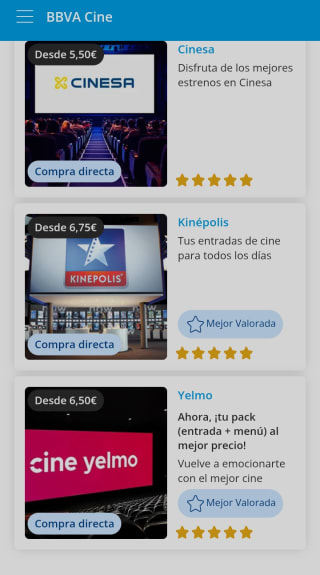 Entrada de cine desde 5,5€ (L-J) o 6€ cualquier día de la semana en Cinesa. 6,5€ (L-D) en Yelmo y 9,75€ en Kinépolis desde app de BBVA