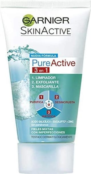 3 botes GARNIER Skin Active, Pure Active 3 en 1, Limpiador, exfoliante y mascarilla - 150 ml por 7,66€