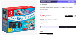 Consola Nintendo Switch + Videojuego Switch Sports + Cinta Pierna + Suscripción 3 Meses Online por 258€