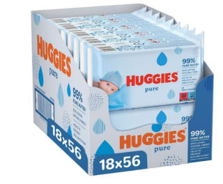 Lot de 18 Paquets de 56 Lingettes Bébé (1008 Lingettes) Huggies Pure à 16,99€