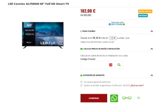 Cecotec Smart TV, Televisor LED de 40 Pulgadas Resolución Full HD A5 Series ALF50040 por 182€