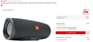 Altavoz portátil Marca JBL Charge 4, 30 W, Bluetooth, 7.500 mAh, Hasta 20 horas de reproducción por 99€