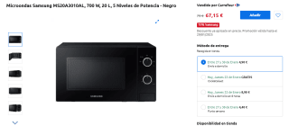 Microondas Samsung MS20A3010AL, 700 W, 20 L, 5 Niveles de Potencia por 67,15€