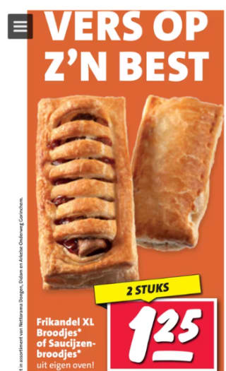 2 Frikandel- of saucijzenbroodjes XL voor €1,25 bij Nettorama