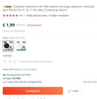 Cargador inalámbrico para móviles de hasta 15W por 1,90€