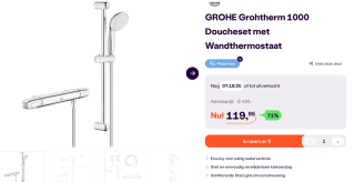 GROHE Grohtherm 1000 Thermostatische Douchekraan - Met comfort doucheset voor €119,95 bij Ibood voor €119,95 iBOOD