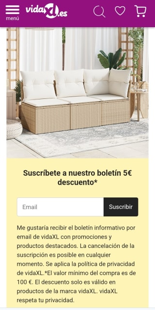 -5€ por suscribirnos a la Newsletter de VidaXL.