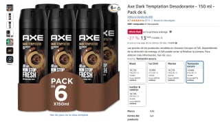 Axe Dark Temptation Desodorante 150 ml - Pack de 6 por 11,11€ mas en descripcion.