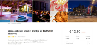 Bioscoopticket, snack + drankje bij INDUSTRY Bioscoop voor €12,90 bij Tripper