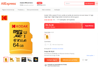 Micro SD da Kodak de 64GB Class 10 - R$ 25,30