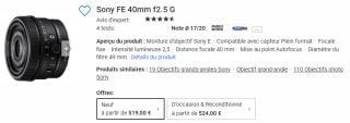 Objectif Sony Format FE 40mm f/2.5 G à 519€