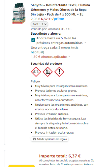 Pack 4 Sanytol Desinfectante Textil, Elimina Gérmenes y Malos Olores de la Ropa Sin Lejía por 6,37€