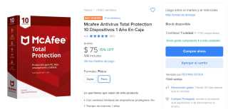 Mcafee Antivirus Total Protection 10 Dispositivos 1 Año En Caja por $75 en Mercado Libre