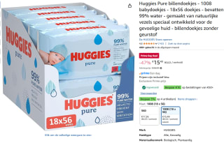 Huggies billendoekjes - Pure 99% water - 18 x 56 stuks - 1008 doekjes voor €15,49 met Amazon Prime