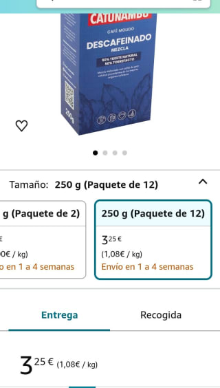 Pack de 12×250g Catunambú Café Molido Mezcla Descafeinado por 3,09€.