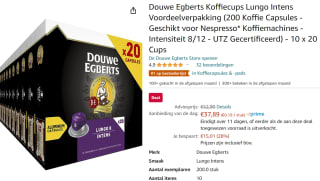 Douwe Egberts Koffiecups Lungo Intens 200 Cups voor €37,89 bij Amazon.nl