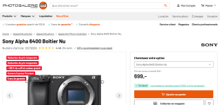 Appareil photo Sony Alpha 6400 Boîtier Nu à 699€