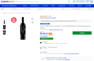 Vinho Tinto Chileno Concha de 750ml - R$ 48,12