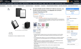 Kindle 2024 de 16 GB sin anuncios funda de tela de Amazon y adaptador de corriente Amazon Powerfast de 9 W por 151,18€