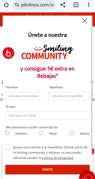 -5€ por suscribirnos a la Newsletter de Pikolinos.
