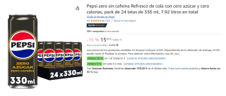2 Pack 24 x 330ml de Refresco de cola zero sin cafeína Pepsi por 18.74€