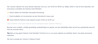 Gratis €20,25 Fashion Club tegoed tussen 12:00 en 14:00 uur tijdens Nieuwjaarsdag in Bataviastad