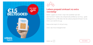 Lebara prepaid simkaart met €15 beltegoed & 50 MB data voor €,99 bij CIGO